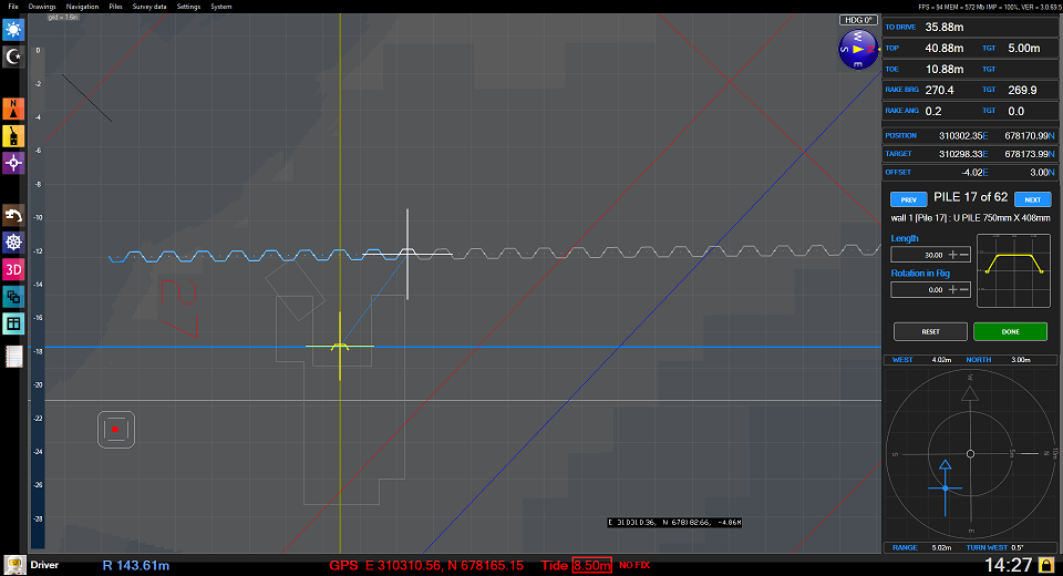 Marine construction software - Dredge master Pile - Top view